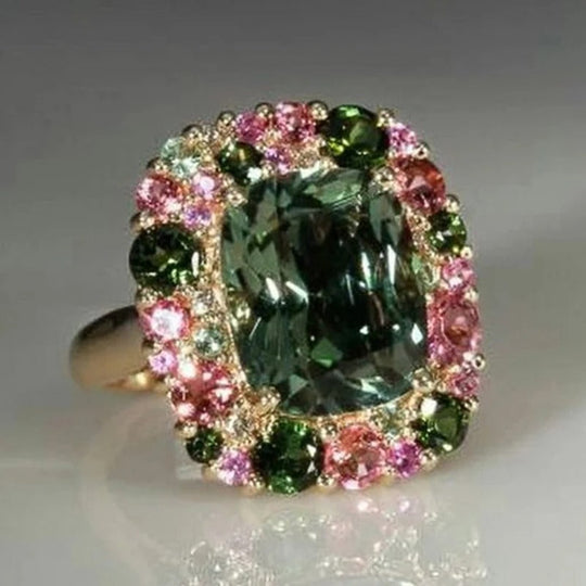 Anel Vintage Verde e Dourado Rosa